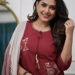 KALINI Pure Silk Embroidered Kurta Set with Cotton Dupatta Warli Ethnic Design image 4