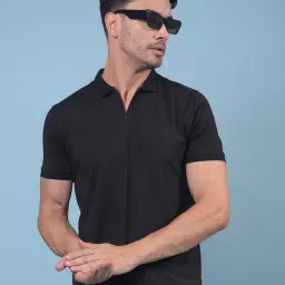Crimsoune Club Black Blended Slim Fit Solid Polo T-Shirt-image-59