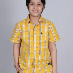 Cantabil Boys Yellow Cotton Checked Shirt-image-10