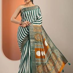 Libas Green Striped Saree With Unstitched Blouse-picture-6