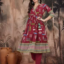 Sangria Ethnic Motifs Printed Angrakha Mirror Work Pure Cotton Kurta with Trousers image 1