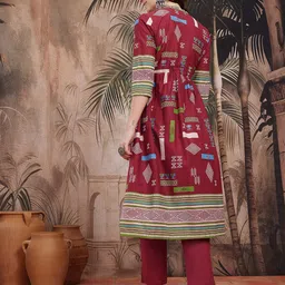 Sangria Ethnic Motifs Printed Angrakha Mirror Work Pure Cotton Kurta with Trousers image 3