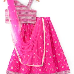 Babyhug Woven Sleeveless Choli Lehenga & Dupatta Set With Floral Printed With Embroidered - Fuschia-image-58