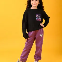 Anthrilo Full Sleeves Space Theme Printed Tee With Fleece Heart Patch Detailed Joggers Set - Black & Purple-image-14
