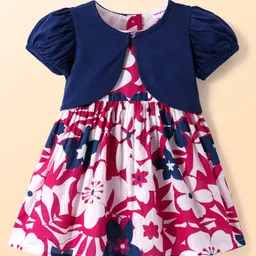 Babyhug Cotton Knit Half Puffed Sleeves Shrug & Floral Printed Frock - Navy Blue & Dark Pink-picture-21