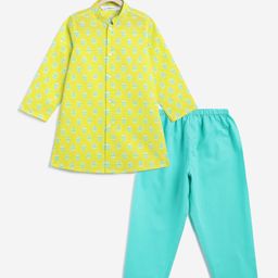 Campana 100% Cotton Woven Full Sleeves Floral Block Printed Kurta Pyjama Set - Lime Green & Turquoise-picture-15