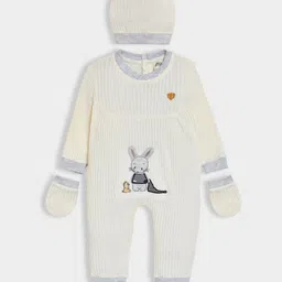 Mi Arcus 100% Cotton Knit Full Sleeves Bunny Patch Detailed Sleepsuit With Cap & Mittens - Cream-picture-22