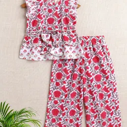 The Magic Wand Cotton Woven Frill Sleeves Swirl Floral Printed Lace Embellished Top With Coordinating Palazzo Set - Pink-picture-28