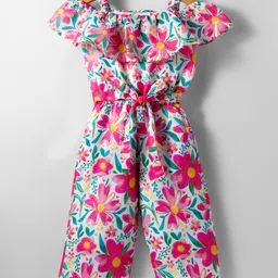 Twetoons Woven Frill Sleeves Jumpsuit with Fabric Belt & Floral Print - Pink-image-18