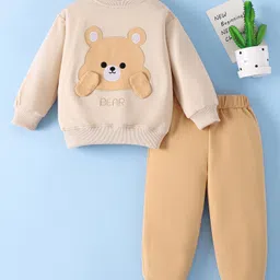 Mark & Mia Full Sleeves Cotton Winter Wear T-shirt & Lounge Pant Set With Animal Embriodery - Beige-picture-15