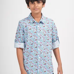 Zion Poplin Woven Full Sleeves Car & Snowman Printed Shirt - Blue-picture-20