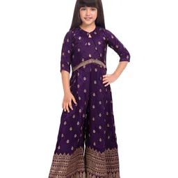 Tiny Kingdom Woven Foil Leaves Printed Jumpsuit With Three Fourth Sleeves Jacket - Purple-image-96