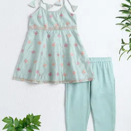 The Magic Wand Woven Sleeveless Thread Work Embroidered & Sequins Embellished Kurti & Pant Set - Green-image-21