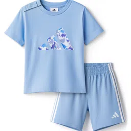 ADIDAS KIDS Cotton Knit Half Sleeves T-Shirt & Shorts Set with Logo Graphic - Aqua Blue-picture-26