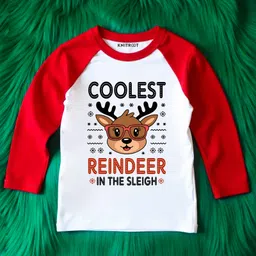KNITROOT Cotton Knit Christmas Theme Full Raglan Sleeves Coolest Reindeer In The Sleigh Text Printed Tee - Red & White-picture-20
