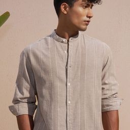 HIGHLANDER Men Relaxed Fit Vertical Striped Band Collar Cotton Casual Shirt-picture-24