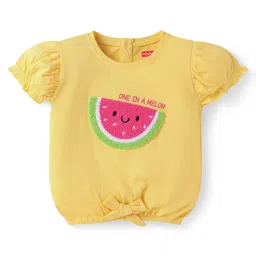 Babyhug Single Jersey Knit Half Puffed Sleeves Top & Shorts with Embroidered Watermelon - Yellow image 2