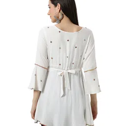 Mom for sure by Ketki Dalal Rayon Woven Three Fourth Bell Sleeves Gota Lace & Mirror Work Embellished Maternity Top With Overlap Concealed Zipper Nursing Access - White image 3