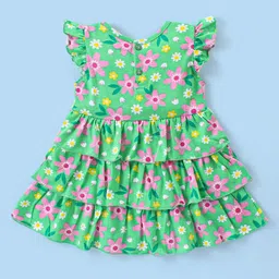 Babyhug Single Jersey Sleeveless Layered Frock with Legging & Hairband Floral Print - Green image 3