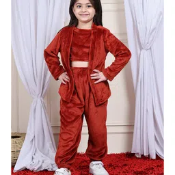 NEUDIS Fleece Full Sleeves Solid Top & Joggers With Shrug Set - Maroon image 5