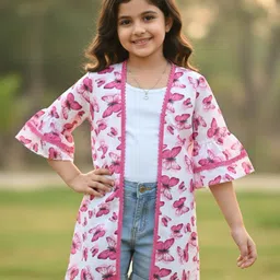 The Magic Wand Woven Three Fourth Sleeves Butterflies Printed Lace Detailed Long Jacket - Fuchsia image 5