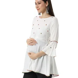 Mom for sure by Ketki Dalal Rayon Woven Three Fourth Bell Sleeves Gota Lace & Mirror Work Embellished Maternity Top With Overlap Concealed Zipper Nursing Access - White image 5