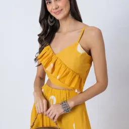 Moomaya Yellow Rayon/Viscose Regular Fit Geometric Jumpsuit image 5