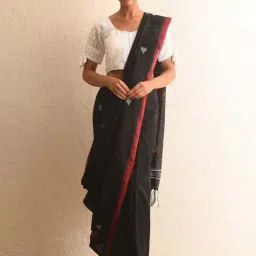 Jaypore Black Cotton Woven Jamdani Saree-image-29