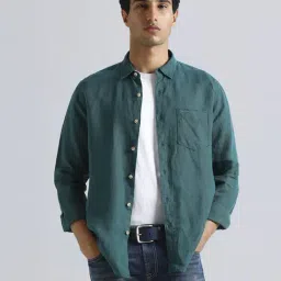 Pepe Jeans Dark Green Linen Regular Fit Texture Shirt image 5