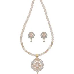 Sri Jagdamba Pearls Hemal Peach & White Pearl CZ Necklace Set-picture-35