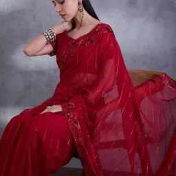 Saree Mall Red Chiffon Embellished Saree with Blouse Piece image 3