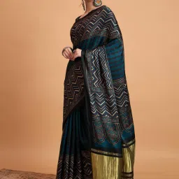 Saree Mall Teal blue Viscose Self Saree with Blouse Piece image 3