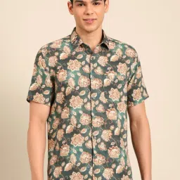 Linen Club Green Slim Fit Printed Shirt-image-66
