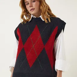 Happiness istanbul Women Lacivert Krmz Argyle Round Neck Sleeveless Sweater Vest-picture-21