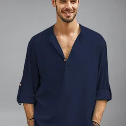 Navkanj Band Collar Roll-Up Sleeves Short Kurta-picture-39
