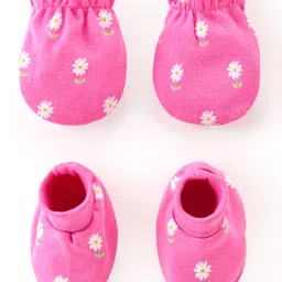 Babyhug 100% Cotton Knit Mittens & Booties Set Floral Print - Pink-picture-20