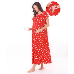 Bella Mama Cotton Knit Half Sleeves Concealed Zipper Strawberry Print Nighty - Red-picture-15