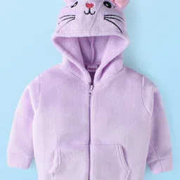 Babyhug Cotton Knit Full Sleeves Hooded Sweatjacket with Cat Print & Kangaroo Pockets - Lilac-picture-13