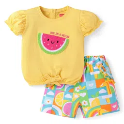 Babyhug Single Jersey Knit Half Puffed Sleeves Top & Shorts with Embroidered Watermelon - Yellow-picture-12