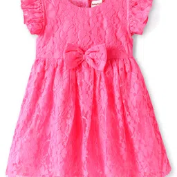 Babyhug Cotton Woven Frilled Sleeves Frocks with Bow Applique -Dark Pink-picture-16