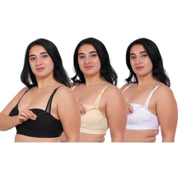 Fabme Pack Of 3 Cotton Sleeveless Solid Nursing Bras - Skin White & Black-image-89