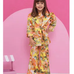 AJ Dezines Cotton Full Sleeves Floral Printed Coordinating Jacket & Pant With Inner Top Set - Yellow-picture-31