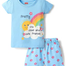 Babyhug Cotton Knit Half Sleeves Floral & Rainbow Printed Shorts Night Suit - Light Blue-picture-17
