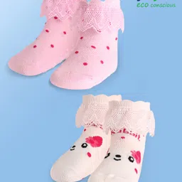 Babyoye Cotton Bamboo Knit Socks with Bunny Applique Pack of 2 - Light Pink & Peach-image-97