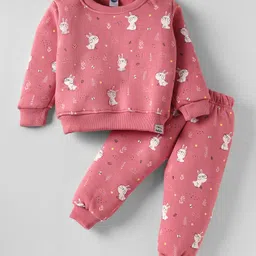 Teddy Fleece Knit Full Sleeves Co-ords Winter Night Suit With Animal Print - Pink-picture-35