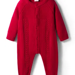 Babyhug Sweater Knit Full Raglan Sleeves Front Open Winter Wear Romper with Cable Knit Design - Red-picture-14
