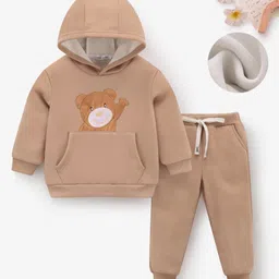 Mark & Mia Full Sleeves Winter Hooded Shirt & Lounge Pant Set With Bear Embriodery & Kangaroo Pocket - Khaki-picture-10