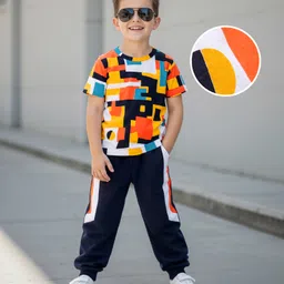 OLLINGTON ST. 100% Cotton Knit Half Sleeves Printed T-Shirt & Jogger Set - Multicolor & Navy Blue-image-50