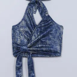 Taffykids Knit Sleeveless Abstract Printed Halter Neck Crop Top - Blue & Grey-image-15