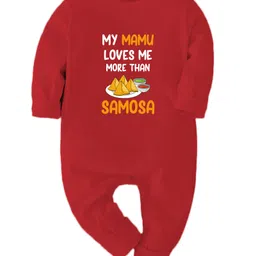 Zeezeezoo 100% Cotton Knit Family Theme Full Sleeves My Mamu Loves Me More Than Samosa Text Printed Romper - Red-picture-13